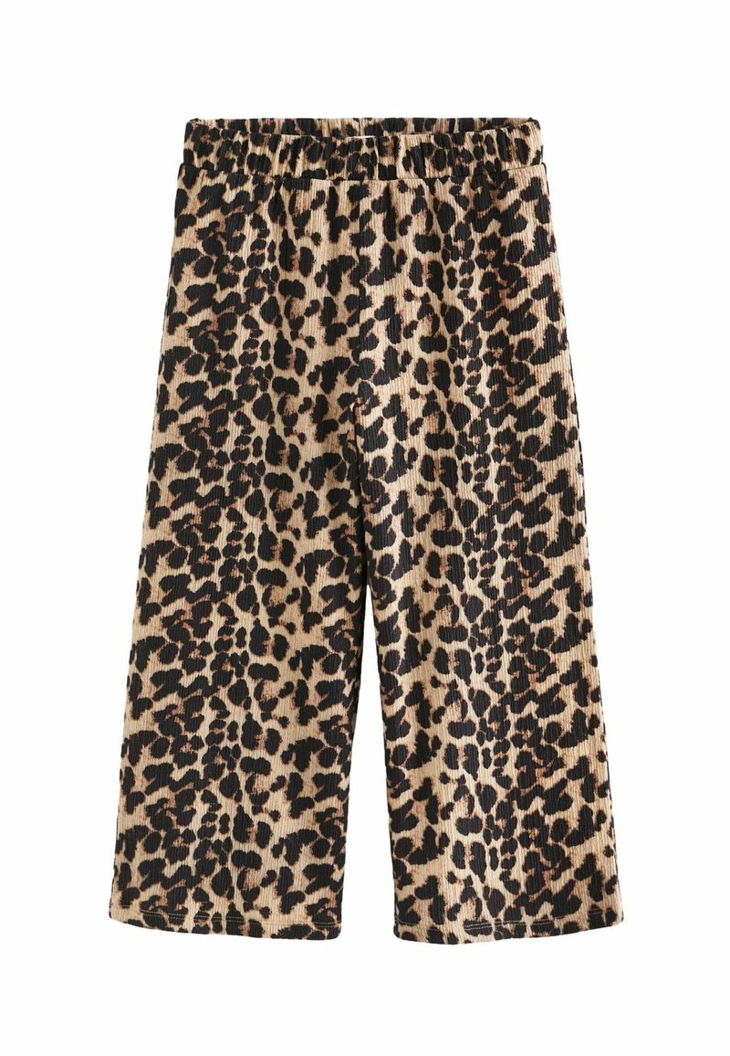Shorts en velours côtelé à imprimé léopard avec une taille élastique, longueur genou, présentant un tissu texturé et une palette de couleurs beige, noir et marron.