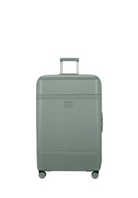 Green hard-shell suitcase with a textured surface, retractable handle, and four wheels for mobility. Features a small logo and zipper closure.