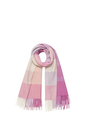 Soft scarf with wide horizontal stripes in shades of pink, lavender, and cream, featuring fringed ends.