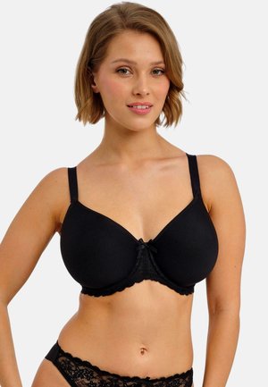 Schwarzer BH mit gepolsterten Cups, verstellbaren Trägern, Spitzenbesatz und einer kleinen Schleife in der Mitte. Glatte Textur, für Halt konzipiert.