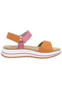 Sandali aperti con cinturini sintetici arancioni e rosa, strap elastico regolabile alla caviglia, fondo testurizzato e soletta bianca con dettagli rossi.