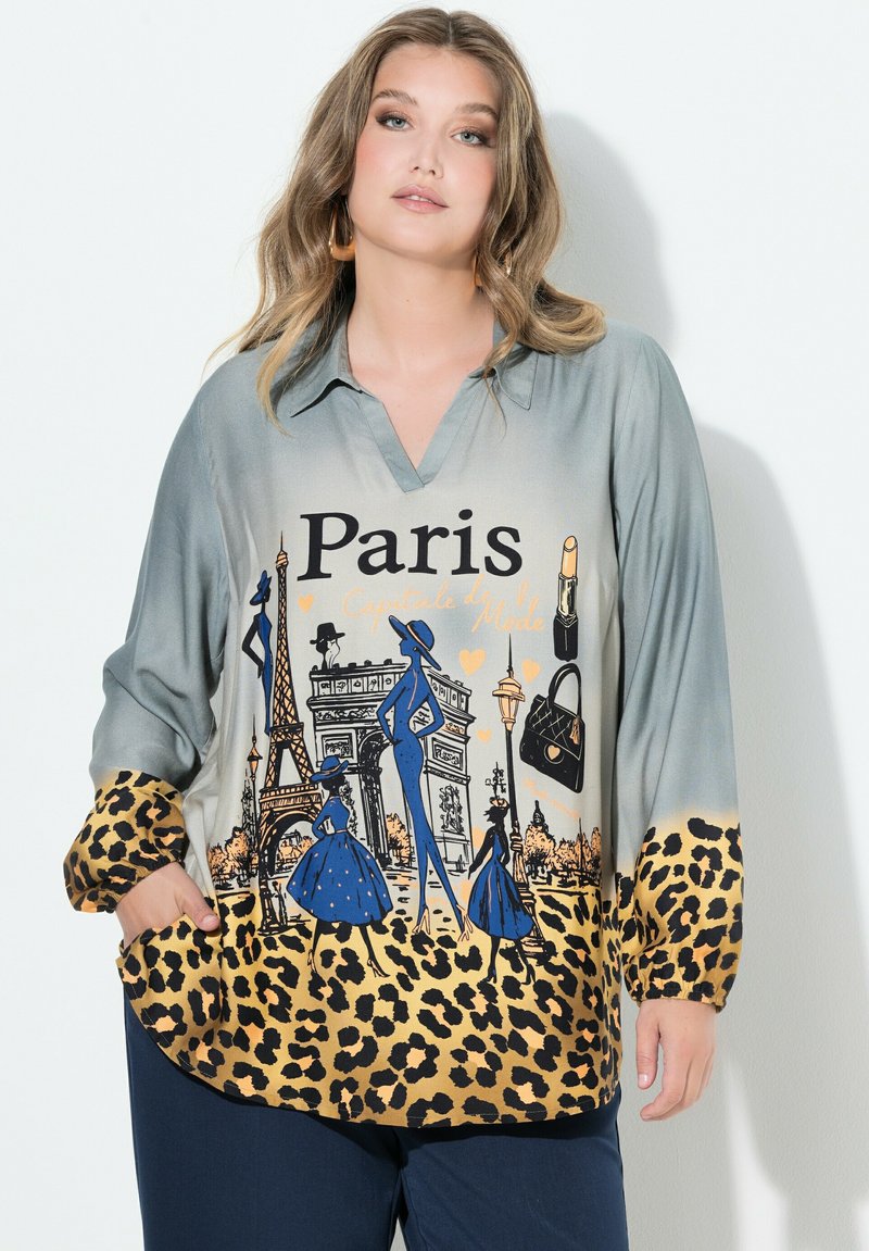Silkep Bluse med en gradient grå top, Parisian grafikker og leopardprint kant. Lange ærmer med cuff-detalje.