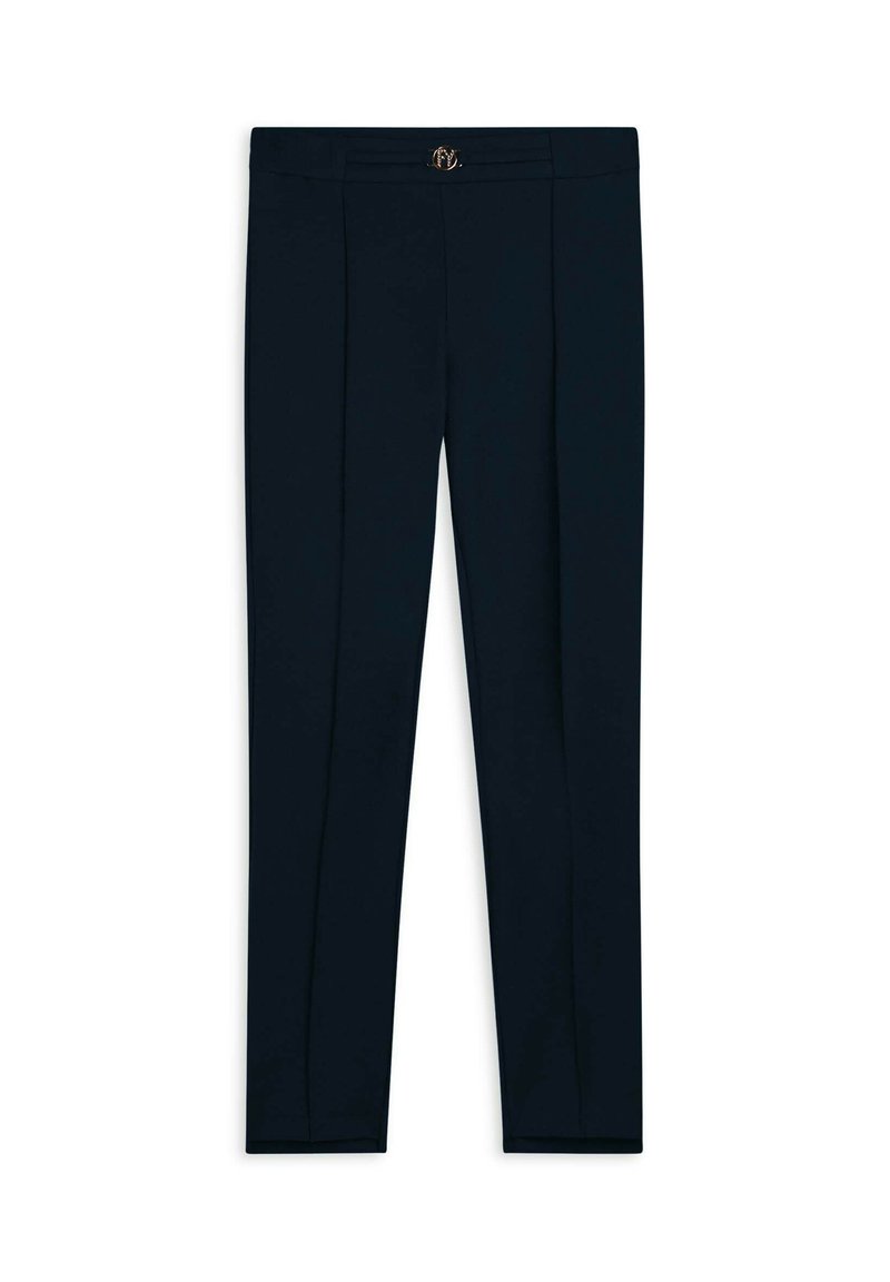 Pantaloni taglio navy in tessuto elasticizzato, caratterizzati da una vestibilità slim, pieghe frontali e chiusura con bottone metallico. Nessuna tasca visibile.