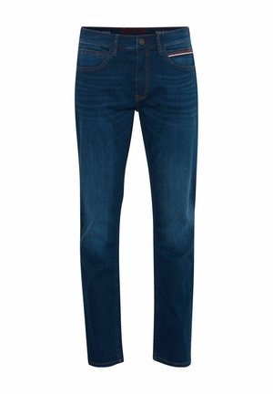 Jeans in denim blu scuro con vestibilità regolare, design a cinque tasche e cuciture a contrasto. Presentano una chiusura con bottone e accenti laterali sottili.