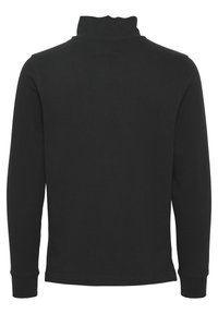 Black long-sleeve top with a high collar and fitted sleeves. The fabric appears smooth and stretchy, with no visible patterns or embellishments.