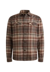 Bruine en grijze geruite shirt gemaakt van een zachte stof, met een knoopsluiting aan de voorkant, twee borstzakken en een klassiek kraagontwerp.