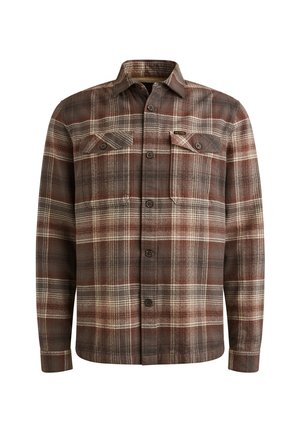 Chemise à carreaux marron et gris en tissu doux, dotée d'un devant à boutons, de deux poches poitrine et d'un col classique.