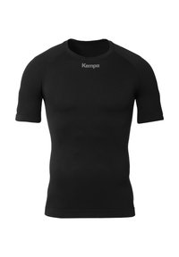Zwart sportshirt met korte mouwen gemaakt van ribbelstof, met een ronde halslijn en een klein wit "Kempa" logo op de borst.