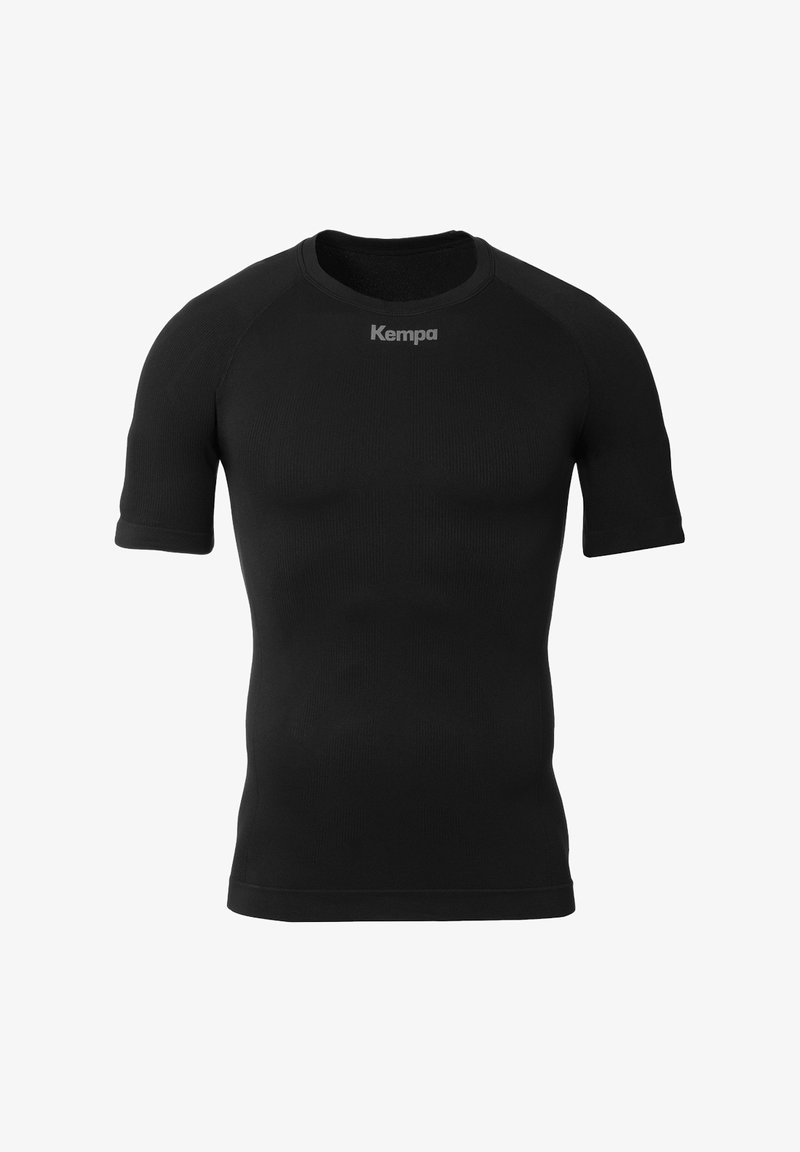 Zwart sportshirt met korte mouwen gemaakt van ribbelstof, met een ronde halslijn en een klein wit "Kempa" logo op de borst.