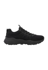 Black athletic shoes feature a breathable mesh upper, rubber sole with traction patterns, and textured overlays for support and fit.