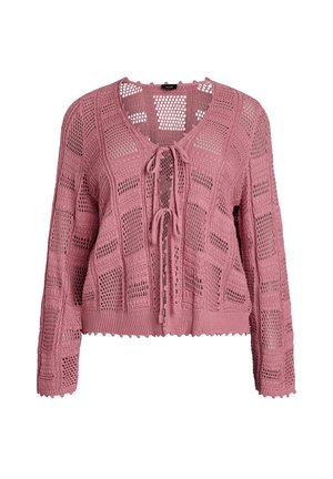 Roze gehaakte gebreide cardigan met lange mouwen, open geweven patroon, geschulpte zoom en striksluiting aan de V-hals voorkant.
