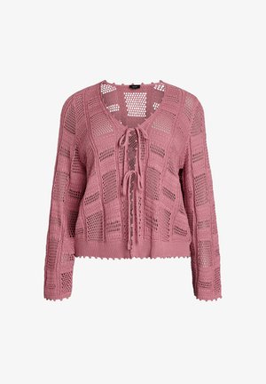 Roze gehaakte gebreide cardigan met lange mouwen, open geweven patroon, geschulpte zoom en striksluiting aan de V-hals voorkant.