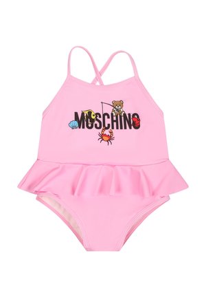 Costume da bagno rosa con spalline incrociate, gonna arricciata e grafiche di cartone animate, inclusi un orso e creature marine, con testo del logo in nero.