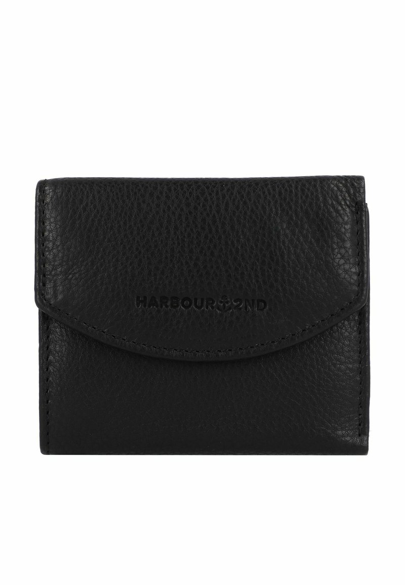 Black leather wallet with a textured surface, featuring a flap closure and embossed branding. Compact, rectangular design.