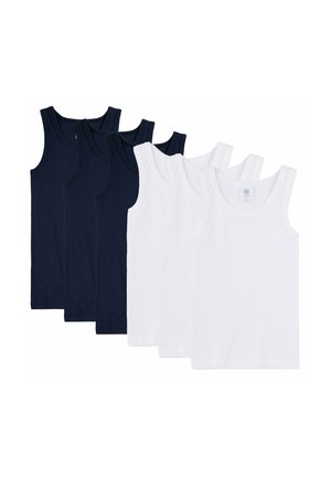 Vijf tanktops in marineblauw en wit. Gemaakt van katoen, met een ronde hals en mouwloos ontwerp. Glad textuur, basic stijl.