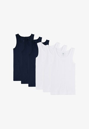 Cinque canotte in blu navy e bianco. Realizzate in cotone, con scollo tondo e design senza maniche. Texture liscia, stile basic.