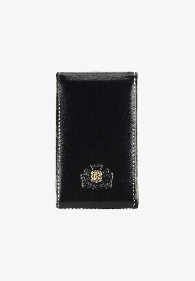 Černá kožená peněženka s hladkým povrchem, s bílým prošíváním a zlatým emblémem s designem koruny. Kompaktní obdélníkový tvar.