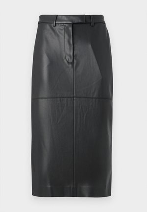 Black faux leather pencil skirt with belt loops, front seam, and concealed closure, knee-length with a smooth finish.