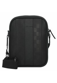 Black messenger bag made of textured leather with front panel detailing, vertical stitching, and adjustable strap. Features a zipper closure.