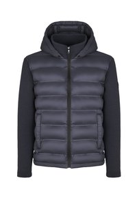 Giacca a vento blu scuro con cappuccio, caratterizzata da una parte anteriore trapuntata e imbottita e maniche in maglia liscia. Chiusura frontale con zip e polsini elastici.