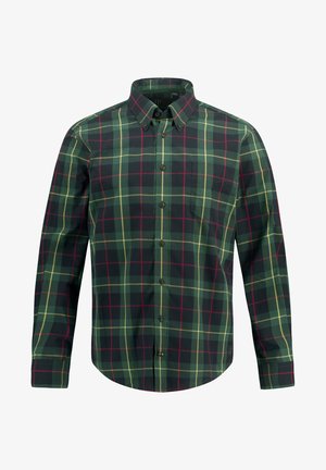 Chemise à carreaux verts à manches longues, avec un col boutonné et une poche avant. Présente des motifs en grille jaunes et rouges sur un fond sombre.