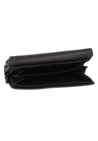 Black leather wallet with a zippered closure, featuring two main compartments, smooth texture, and a decorative button detail.