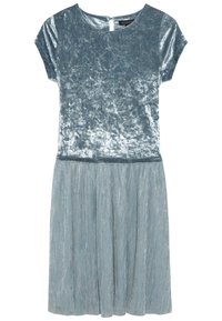 Short-sleeve blue velvet top dress with pleated shimmering skirt and round neckline, featuring a back button closure.