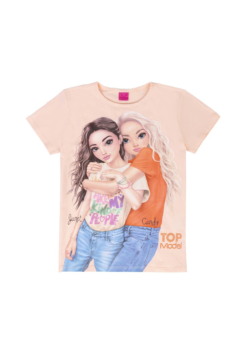 Hellbeige T-Shirt mit zwei Cartoonfiguren, eine in einem weißen Hemd mit buntem Text, die andere in einem orangefarbenen Hemd und blauen Jeans.