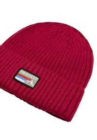 Punainen ribattuja neulepipo, jossa on käännetty reunus. Siinä on suorakulmainen PROTEST-logopatchi harmaassa, vihreässä, sinisessä ja valkoisessa.