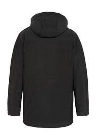 Chaqueta con capucha negra que presenta una textura suave, puños elásticos y un diseño de corte recto. Sin logotipos ni patrones visibles en la parte posterior.