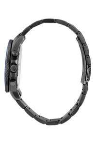 Schwarze Edelstahluhr mit einem abgerundeten quadratischen Gehäuse, blauer Zifferblatt, strukturiertem Lünettenring und einem Gliederarmband-Design. Zwei Drücker und ein eleganter Verschluss.