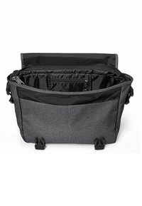 Sac messager gris avec un extérieur en tissu texturé, poche intérieure zippée et fermeture à boucle. Compartiments doubles pour l'organisation à l'intérieur.