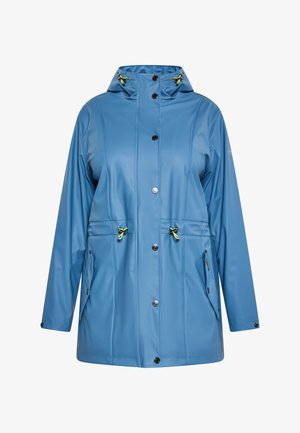 Plava vodootporna jakna s visokim ovratnikom, dva prednja džepa, podešavajućim vezicama i dugmadima na prednjem dijelu. Glatki materijal.