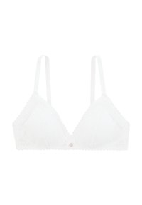 Bralette en dentelle blanche avec des bonnets triangulaires, des bretelles ajustables et un bouton décoratif au centre. Présente des bords festonnés et des motifs texturés.