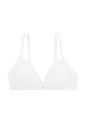 Bralette en dentelle blanche avec des bonnets triangulaires, des bretelles ajustables et un bouton décoratif au centre. Présente des bords festonnés et des motifs texturés.