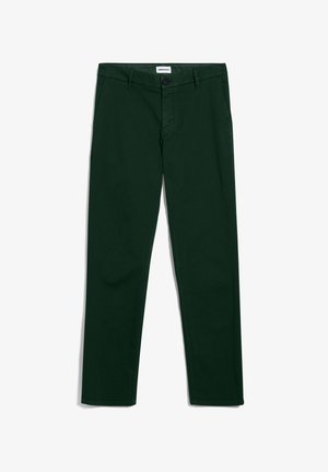 Pantalones verde oscuro de pierna recta con trabillas para cinturón, botón frontal, cierre de cremallera y bolsillos laterales, colocados planos sobre un fondo blanco.