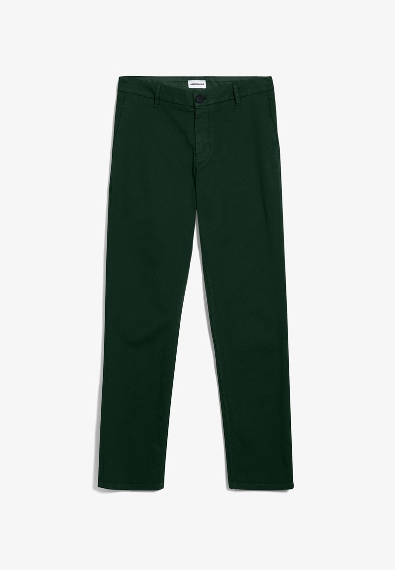 Pantalon droit vert foncé avec passants pour ceinture, bouton à l'avant, fermeture éclair et poches latérales, posé à plat sur fond blanc.
