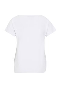 Korte mouwen witte top gemaakt van katoen; heeft een ronde halslijn en een relaxte pasvorm met een gladde textuur en geen extra patronen.