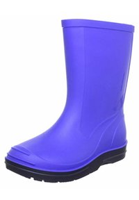 Botte de pluie en caoutchouc violet avec un bout arrondi, une surface lisse et une semelle en caoutchouc noir. Conception légère adaptée aux conditions humides.