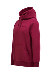 Felpa maroon con cappuccio regolabile, tasca frontale e polsini a coste. Presenta un piccolo logo ricamato sul petto. Tessuto morbido.