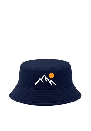 Navy blue bucket hat with a white mountain range and orange sun graphic on the front.