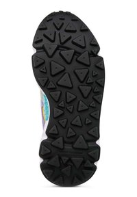 Suola di scarpa in gomma nera con battistrada triangolare, caratterizzata da un design laterale bianco e multicolore. Include il marchio "Flower Mountain".