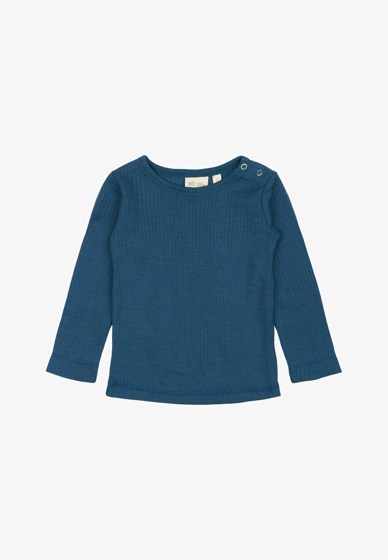 Langärmliges, geripptes Shirt aus dunkelblauem Stoff mit rundem Halsausschnitt und zwei Druckknöpfen an der linken Schulter. Weiche Textur, lässiges Design.