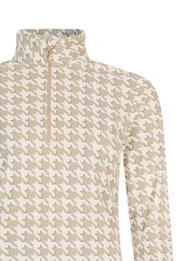Lehký pulovr na čtvrt zip v béžové barvě s houndstooth vzorem. Disponuje vysokým límcem a hladkou, texturovanou látkou.