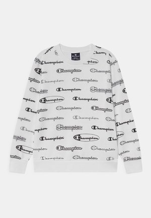 Hellgraues Sweatshirt mit wiederholten schwarzen und silbernen "Champion"-Logos. Rundhalsausschnitt, lange Ärmel, weicher Stoff und gerippte Bündchen.