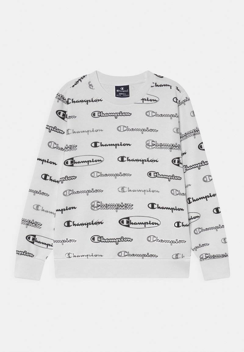 Sudadera gris claro con logotipos de "Champion" en negro y plata repetidos. Cuello redondo, mangas largas, textura suave y puños acanalados.