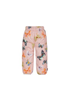 Lyserøde, quiltede børnebukser med elastisk talje og flerfarvede sommerfugleprint spredt over stoffet.