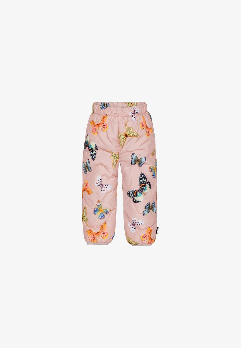 Pantalon matelassé rose pour enfants avec taille élastique et imprimés multicolores de papillons dispersés sur le tissu.