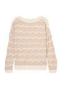 Beige gebreide trui met een golvend patroon, voorzien van witte accenten. Loose fit met een brede halslijn en geribde manchetten en zoom.