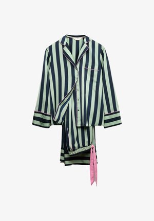 Pruhovaný pyžamový set v zelené a námořnické modré barvě s růžovým lemem, obsahující košili na knoflíky a elastické kalhoty s detaily na zavázání. Měkká, hladká látka.